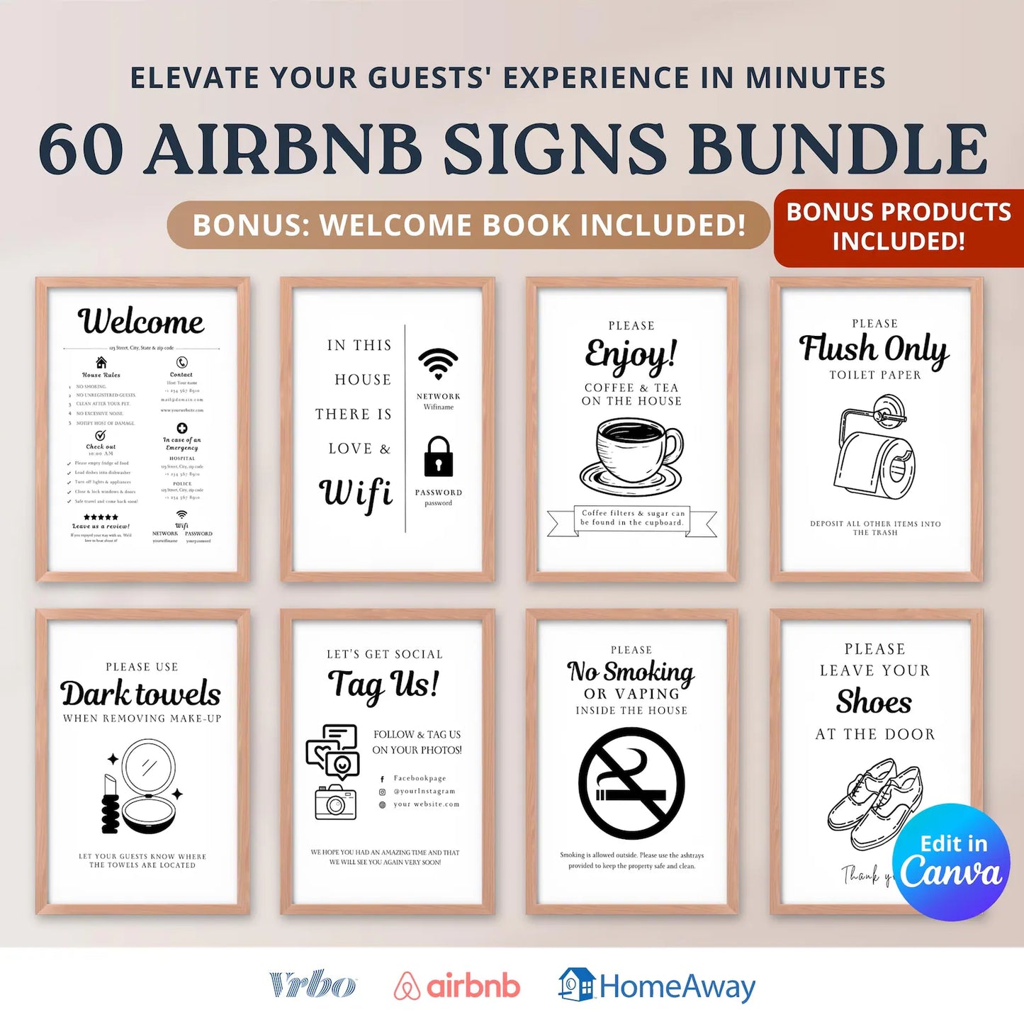 The Ultimate Airbnb Host Sign Kit – 60 Editable Templates to Impress Every Guest