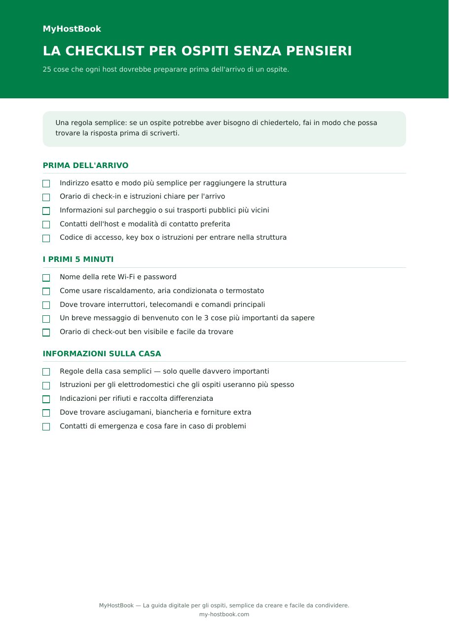 Anteprima della checklist MyHostBook per host
